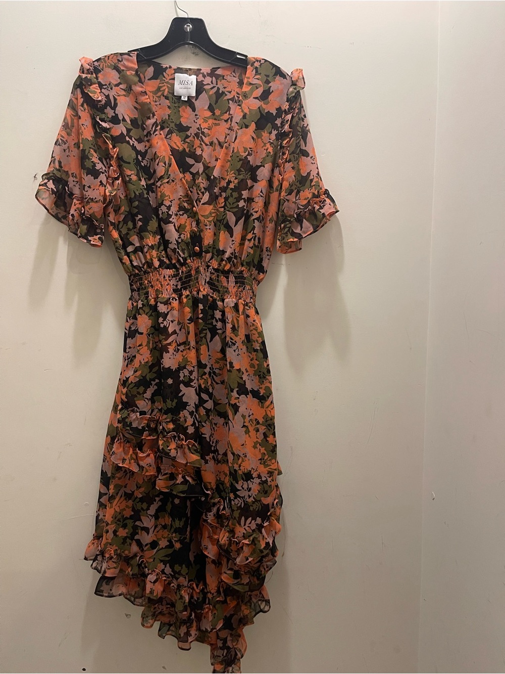 Misa Los Angeles Orange & Black Floral High-Low Ruffle Dress